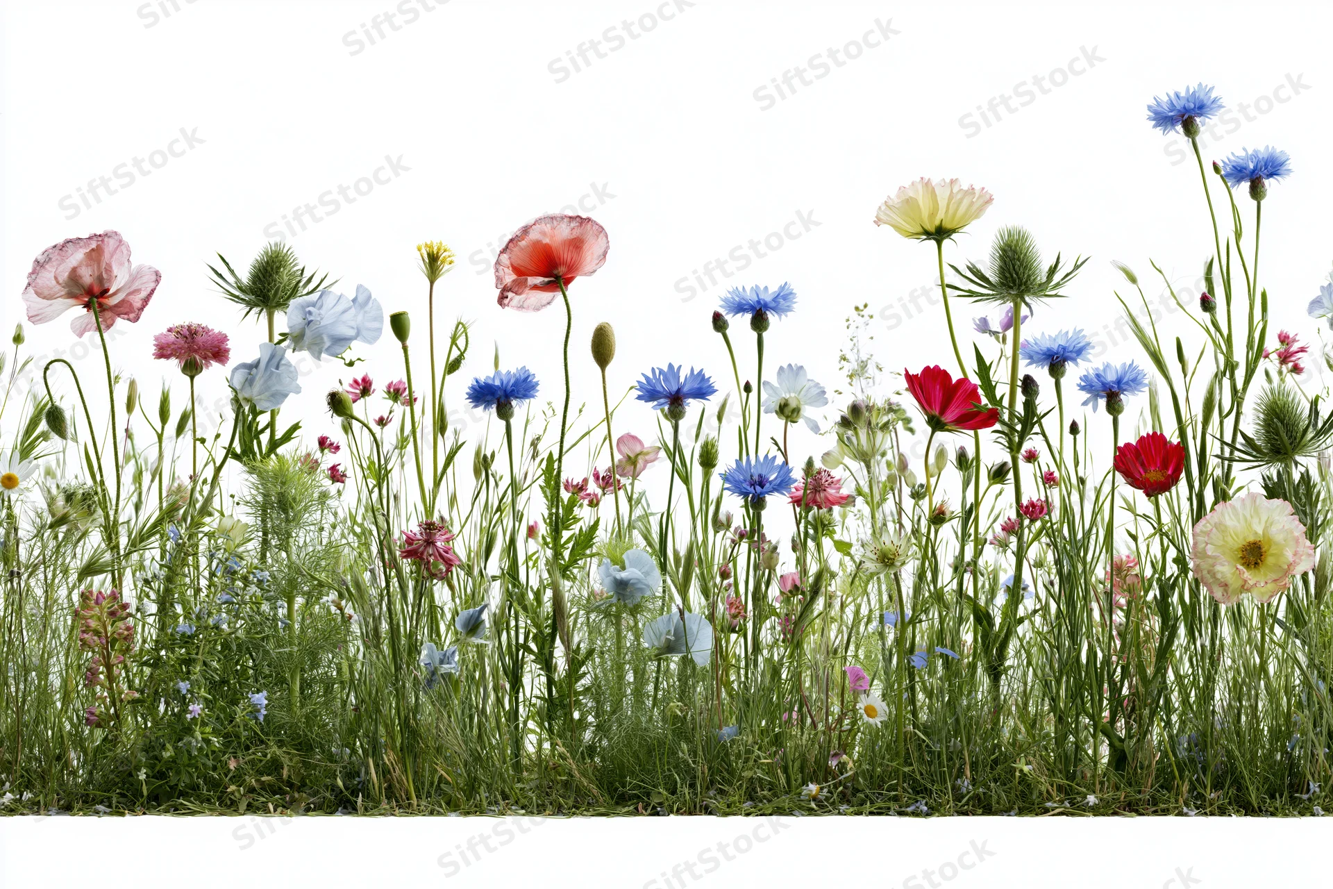 A dense row of mixed wildflowers including poppies and cornflower against white background
