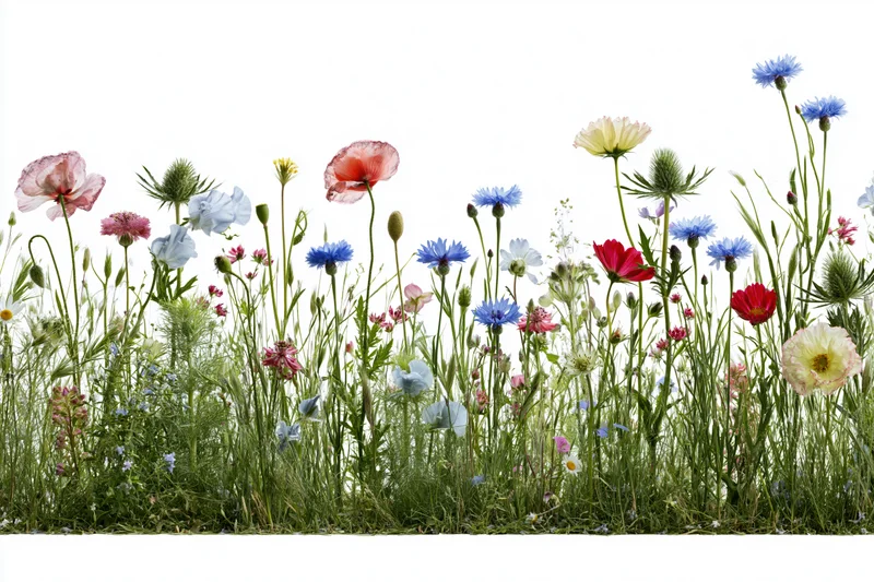 A dense row of mixed wildflowers including poppies and cornflower against white background