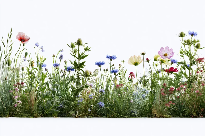 A dense row of mixed wildflowers including poppies and cornflowers arranged horizontally against a white background
