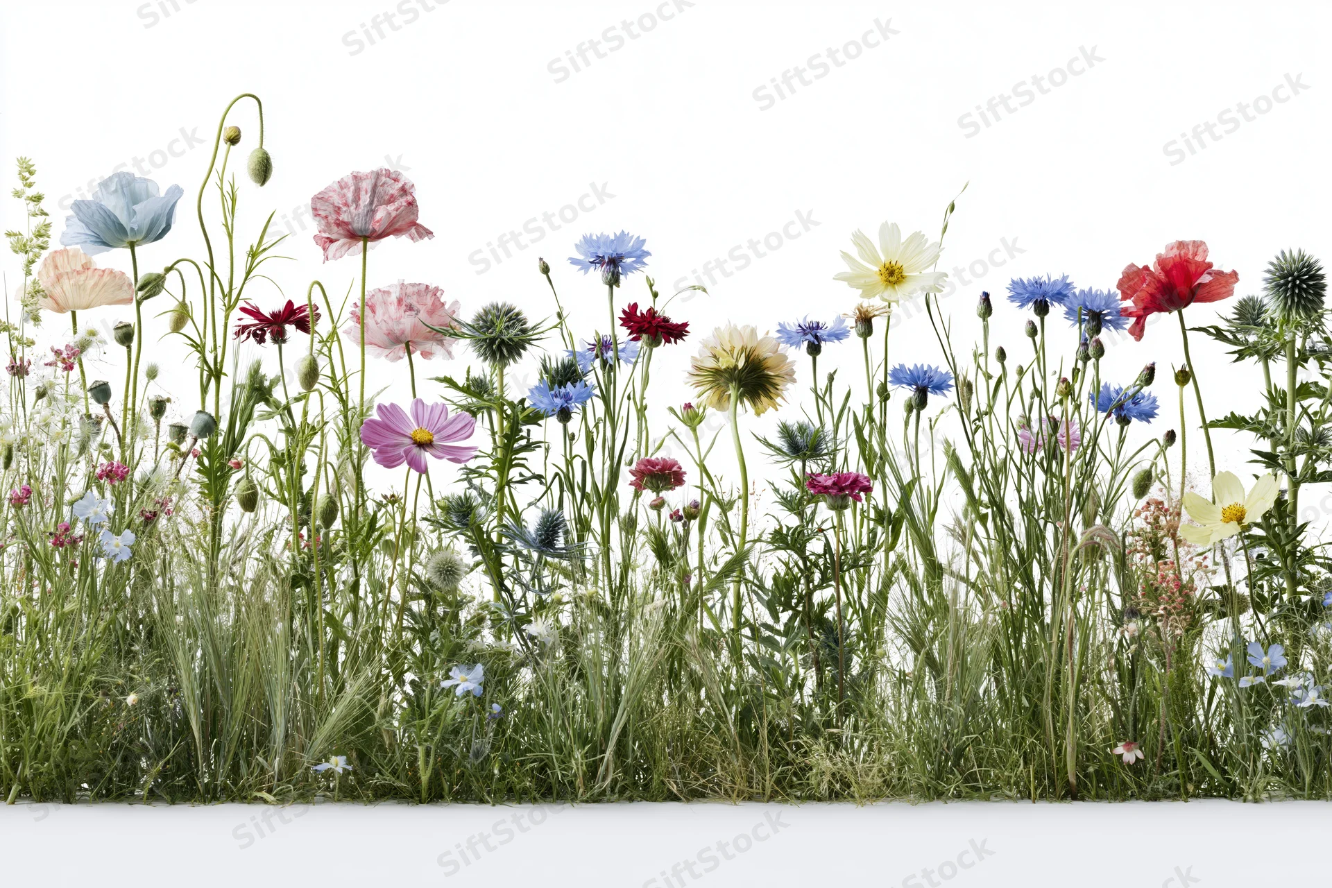 A dense row of mixed wildflowers including poppies and cornflowers against a white background