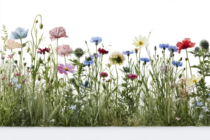 A dense row of mixed wildflowers including poppies and cornflowers against a white background