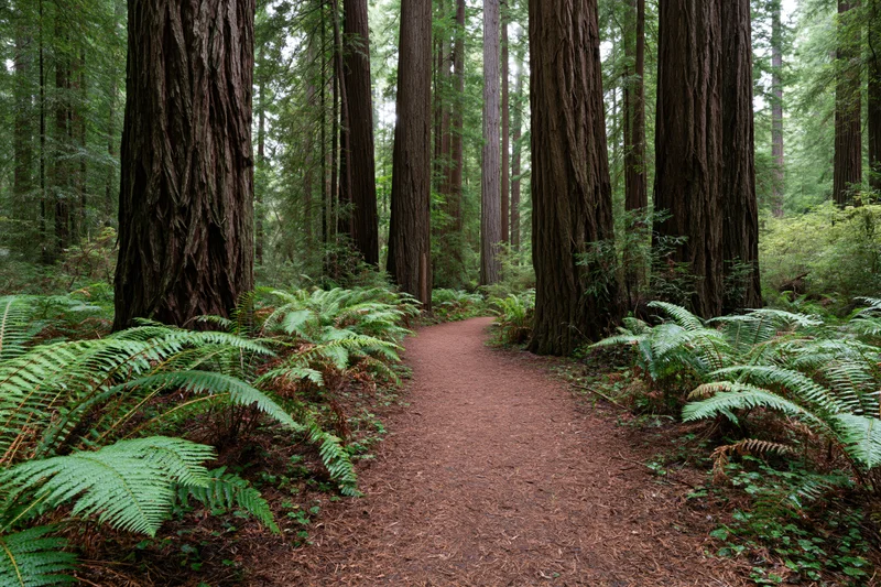 Dirt path winding between towering redwood trees in a dense forest with ferns along the sides