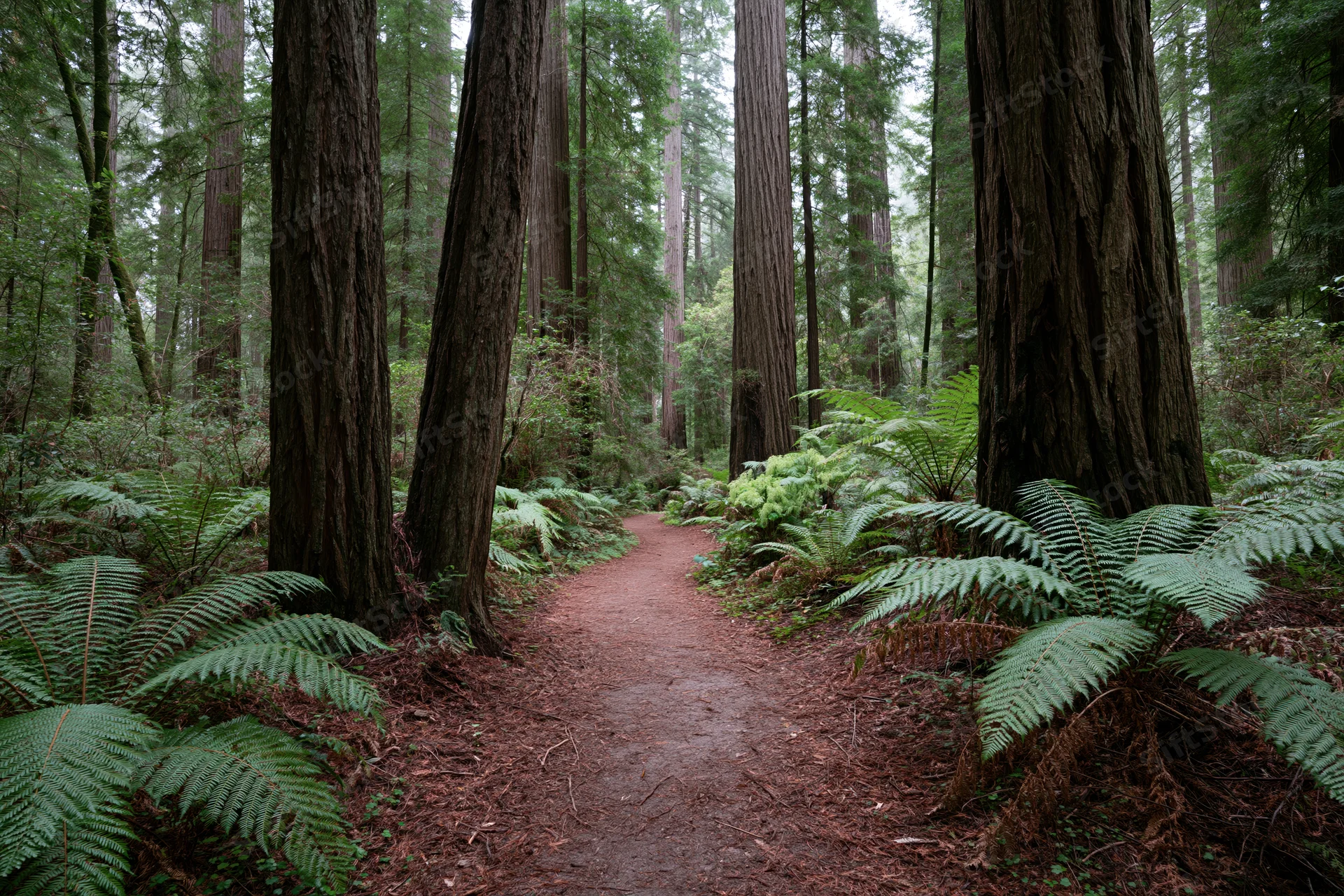Dirt path winding between towering redwood trees in a dense forest with ferns and undergrowth