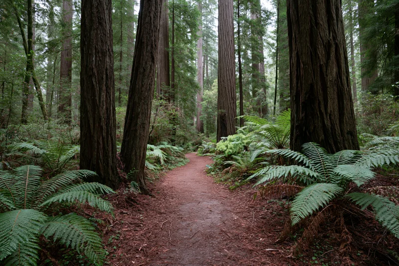 Dirt path winding between towering redwood trees in a dense forest with ferns and undergrowth