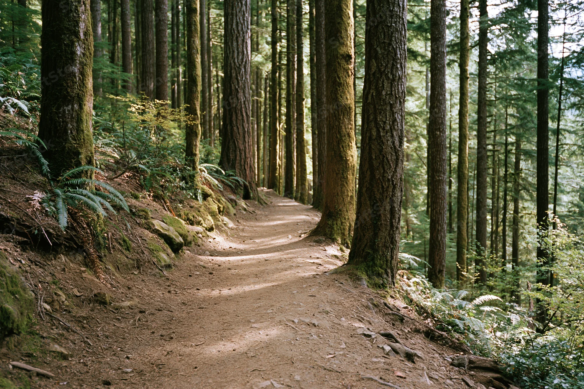 Dirt trail winding through tall old-growth conifer trees in a dense forest