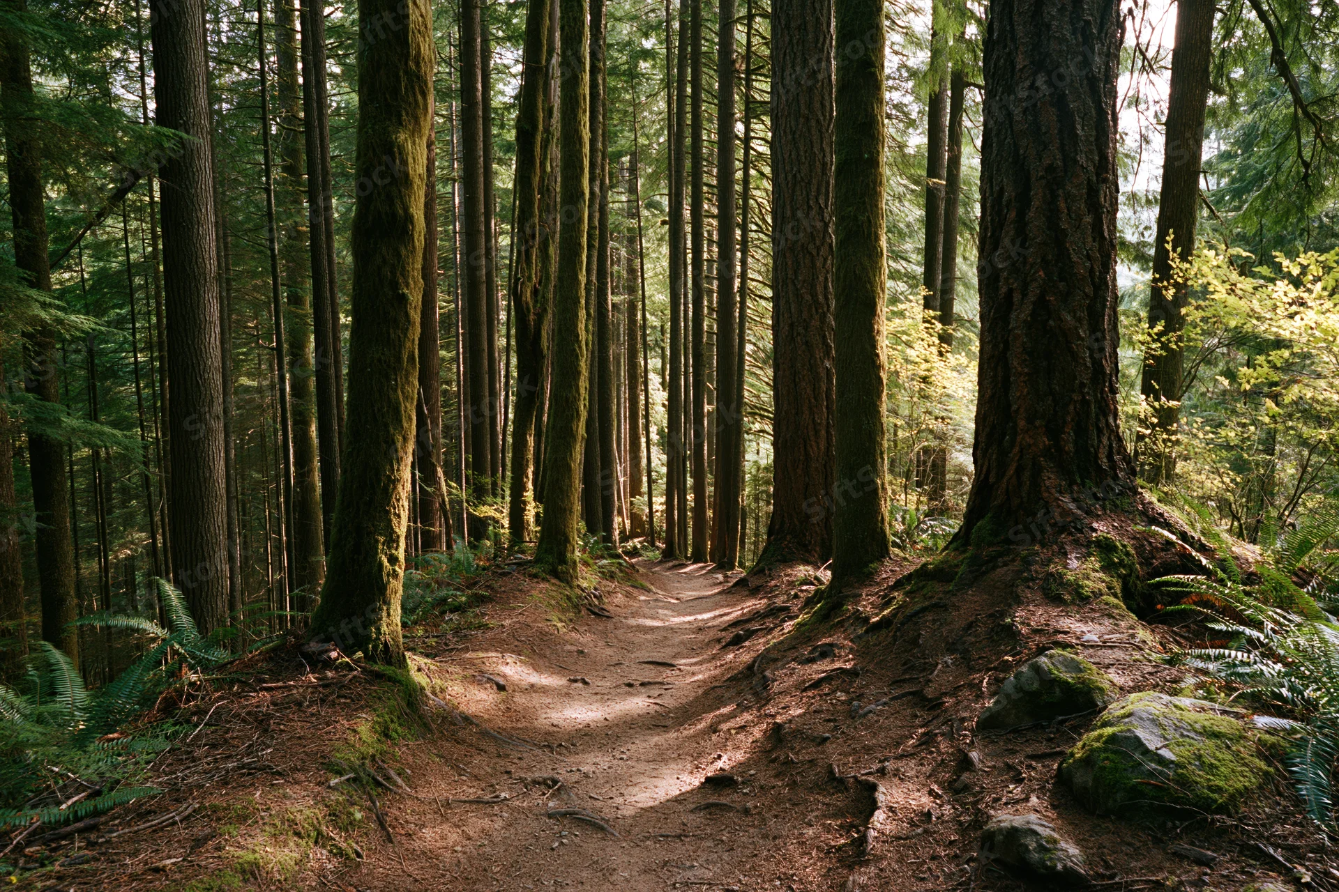 Dirt trail winding through tall old-growth conifer trees in a dense forest