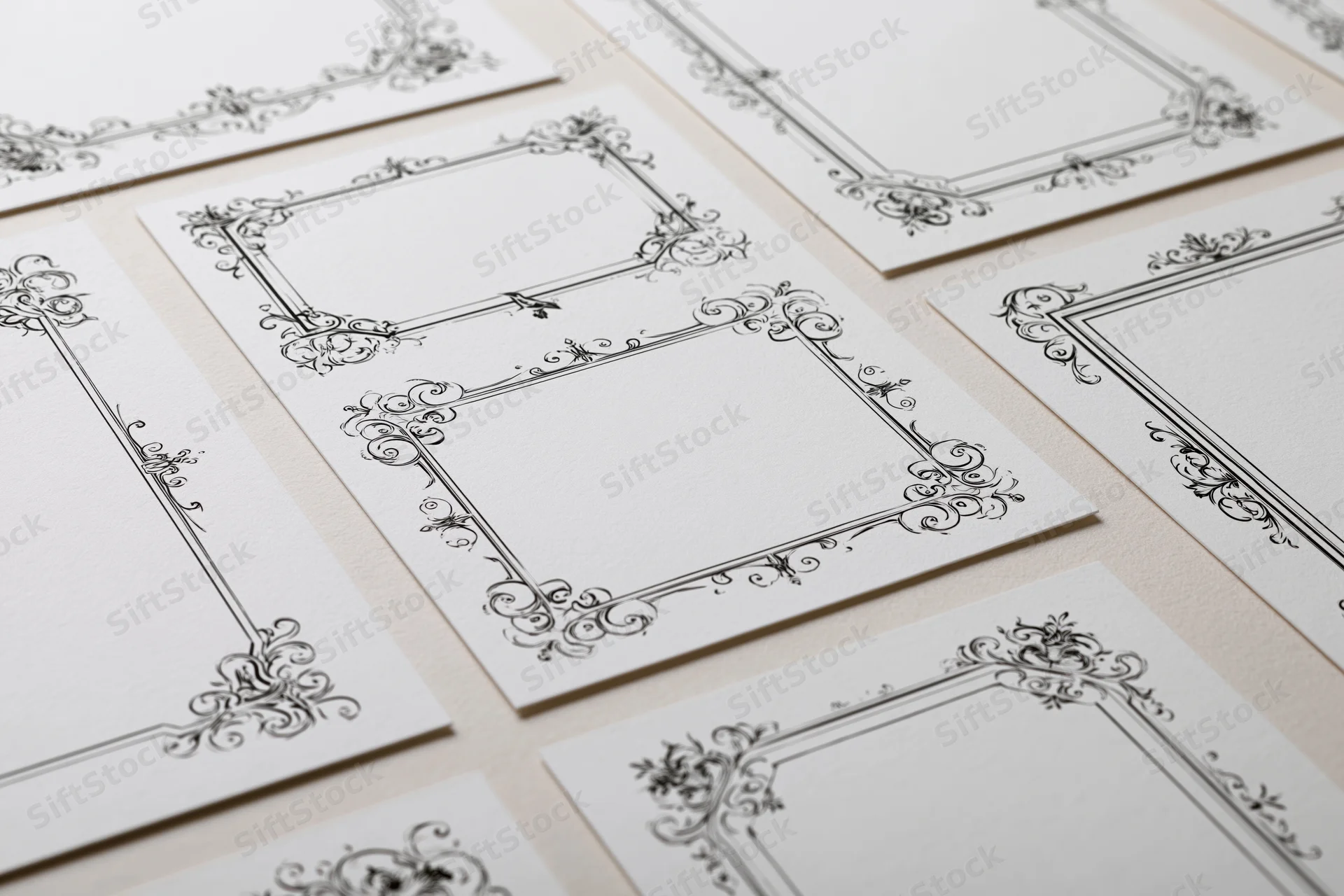 Ornate victorian-style decorative frames on white cards arranged in flat lay with copyspace