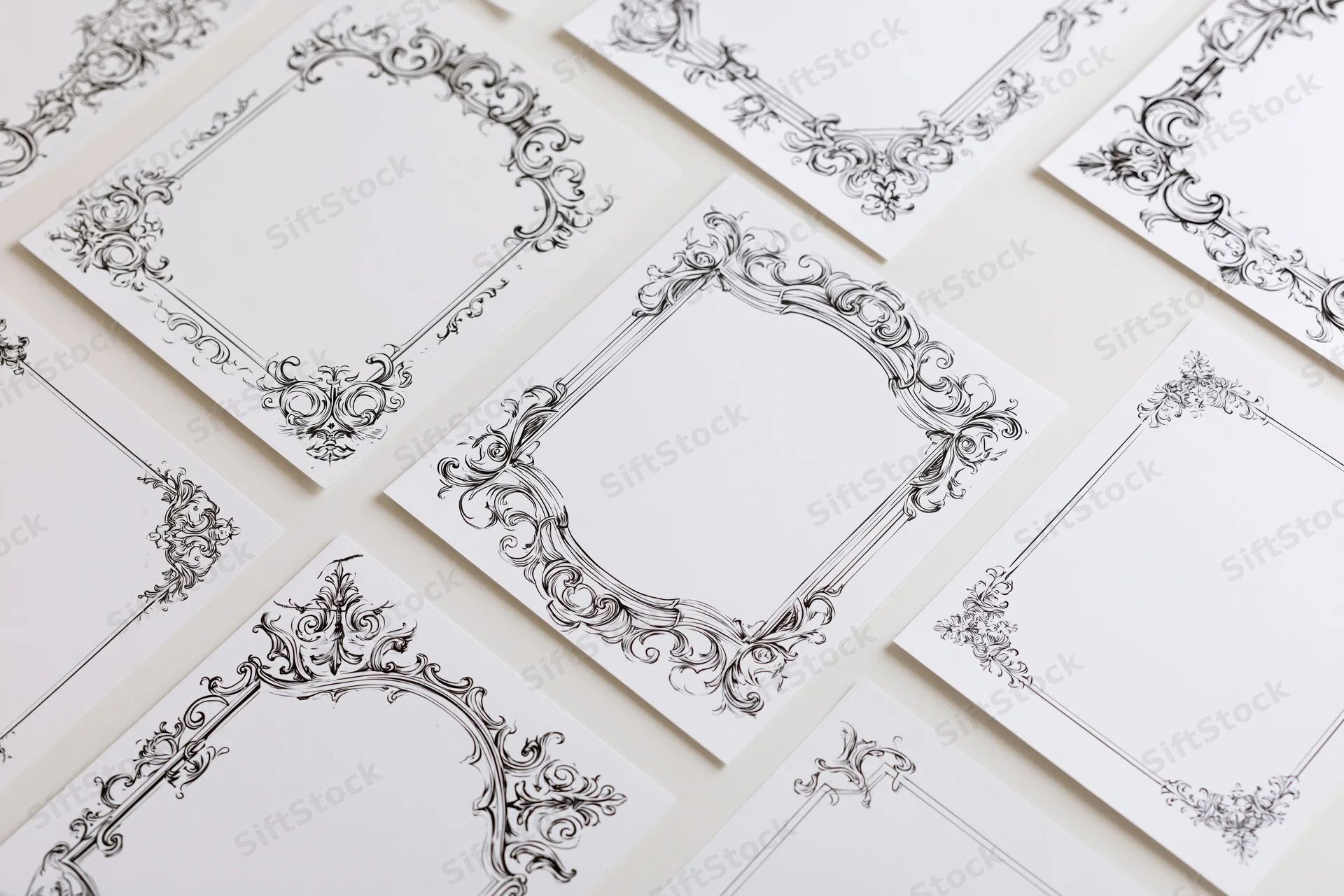 Ornate victorian-style frames on white paper cards arranged in flat lay with copyspace