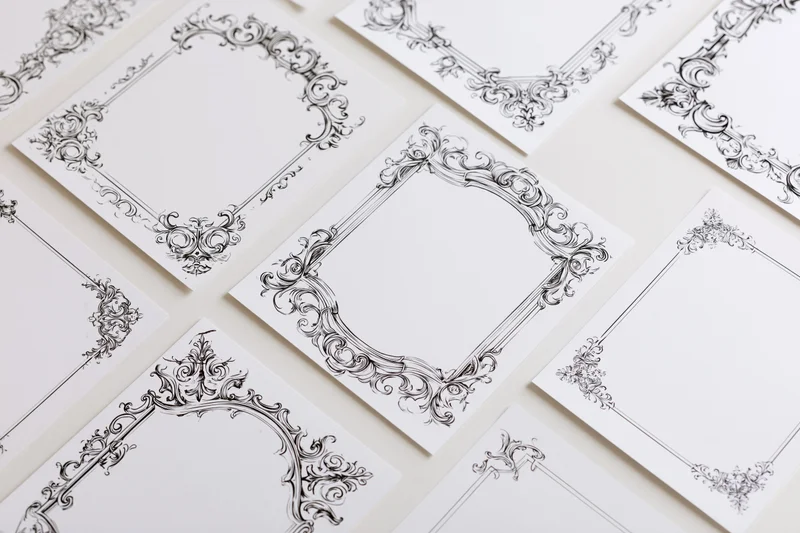 Ornate victorian-style frames on white paper cards arranged in flat lay with copyspace
