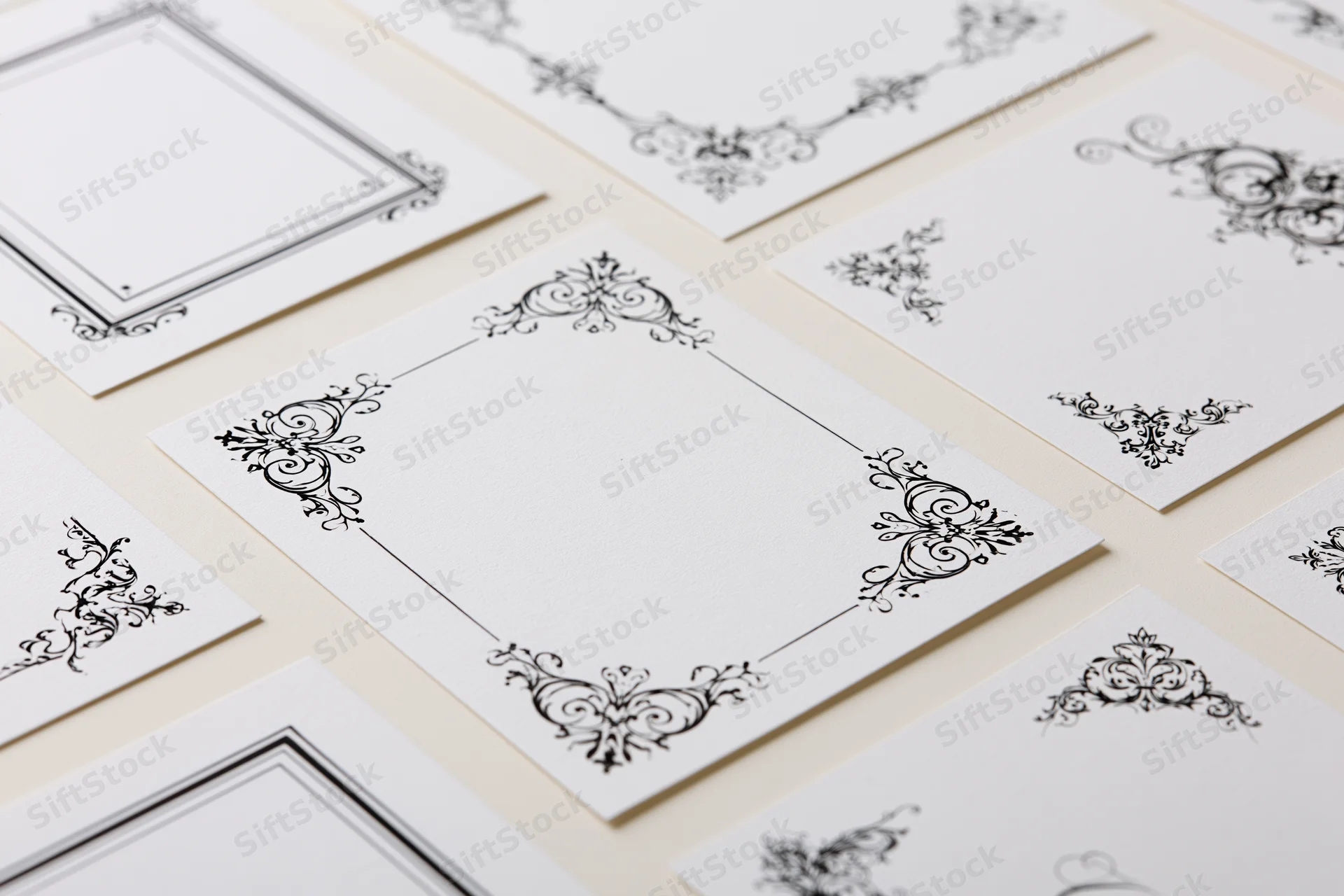 Ornate victorian-style decorative frames on white cards arranged in flat lay on cream surface