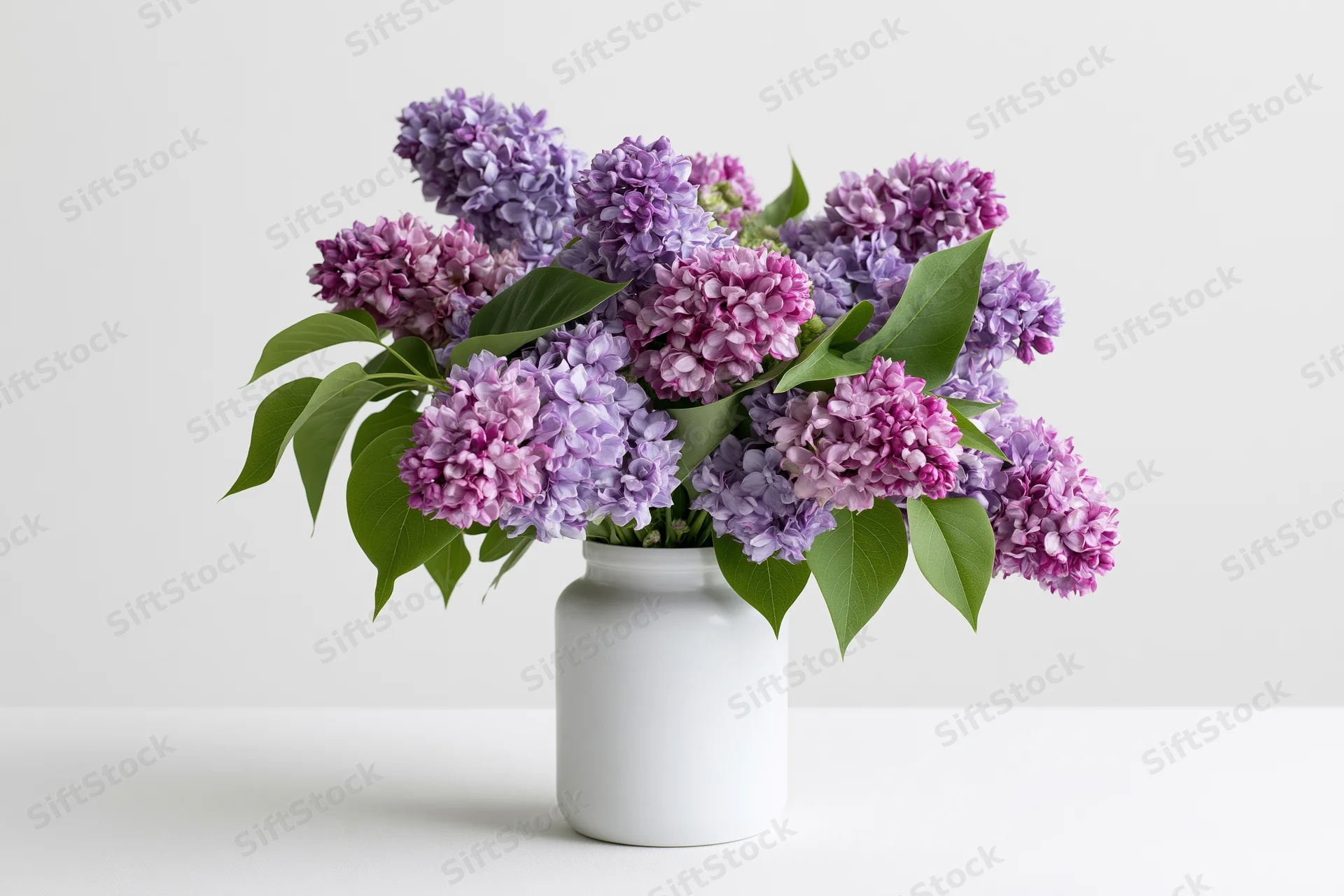 Lilac bouquet in white vase on plain white surface