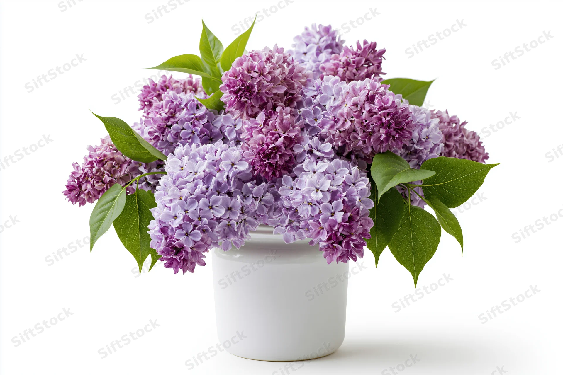 Lilac bouquet in white vase on white background