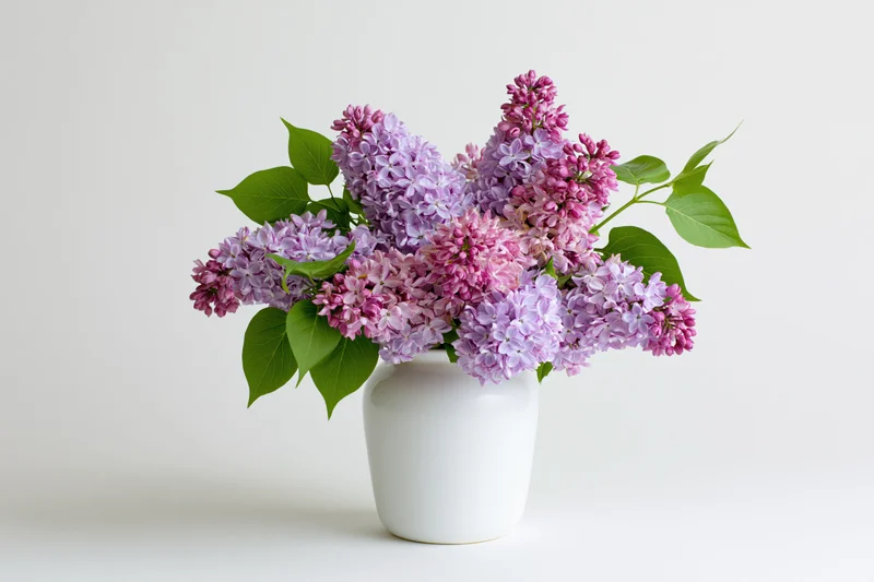 Lilac bouquet in white vase on plain background