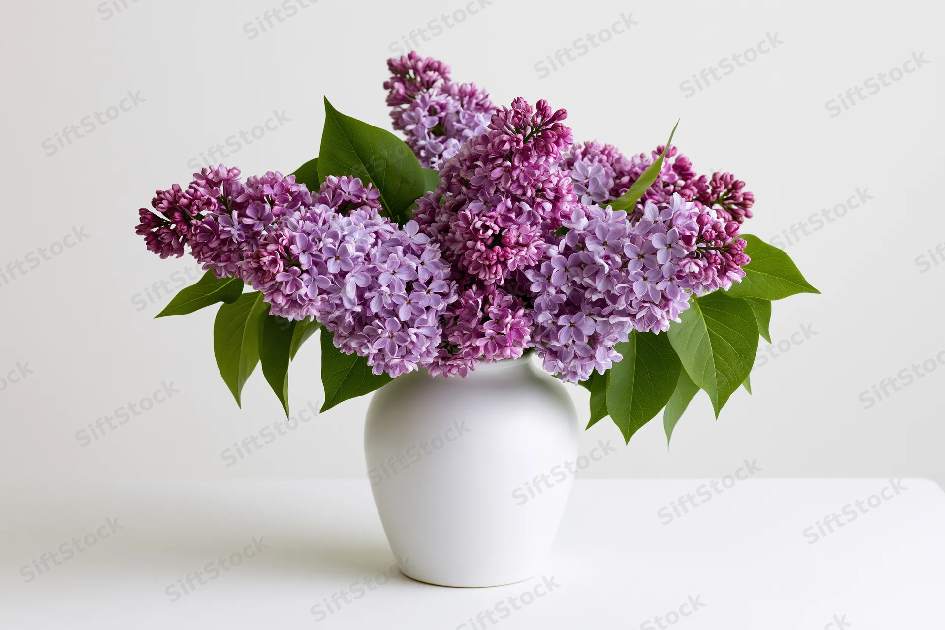 Lilac bouquet in white vase on white surface
