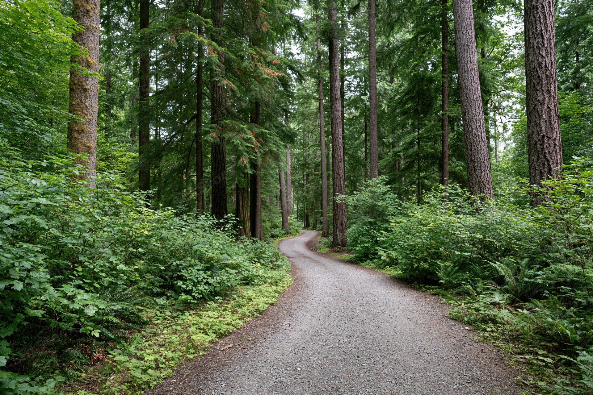 Gravel path winding through dense forest flanked by tall evergreen trees and lush green undergrowth