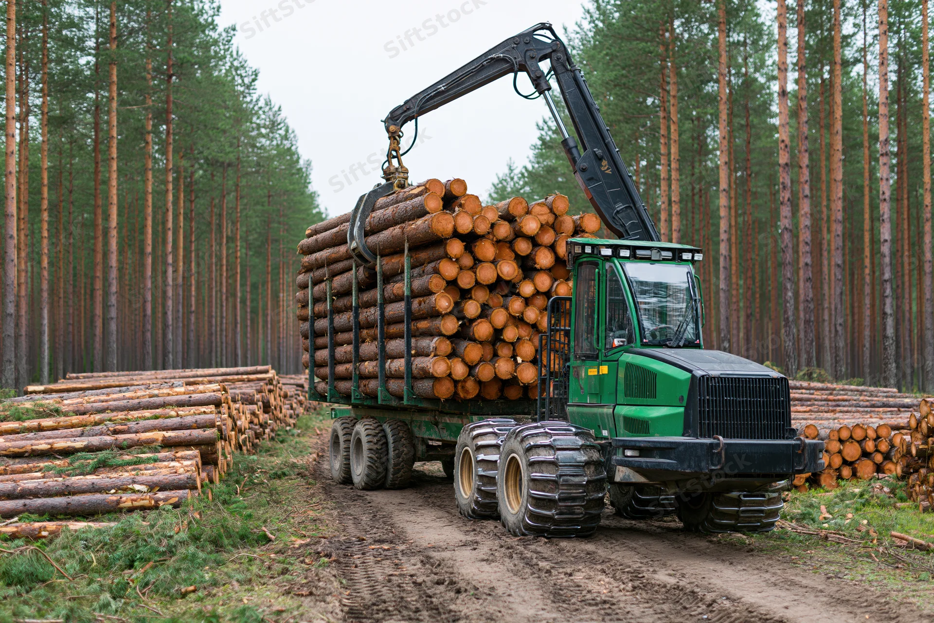Green forestry forwarder loading cut pine logs in a forest clearing