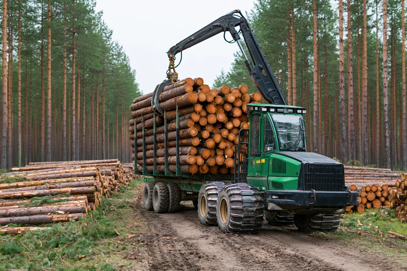 Green forestry forwarder loading cut pine logs in a forest clearing