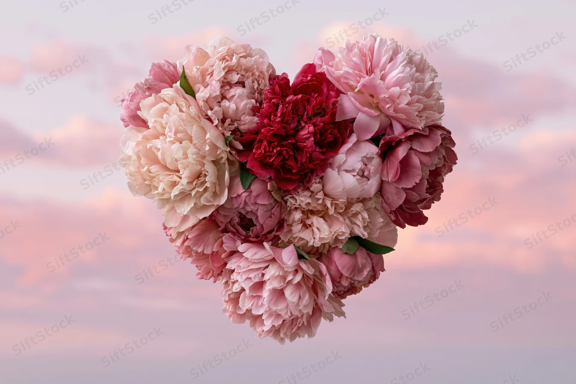 Heart-shaped peony arrangement floating against a soft pink sky at twilight