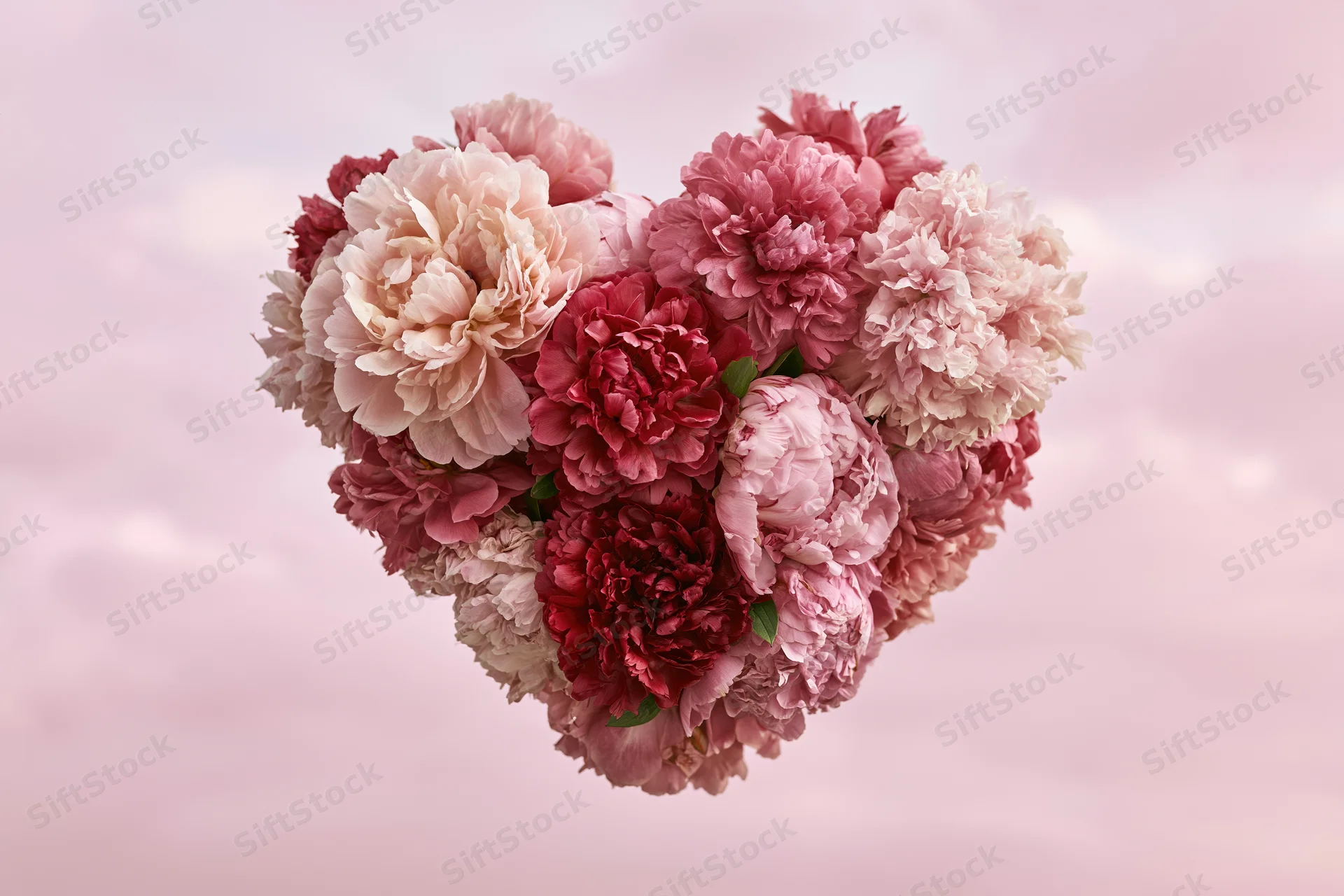 Heart-shaped arrangement of pink and red peonies floating against a soft pink sky