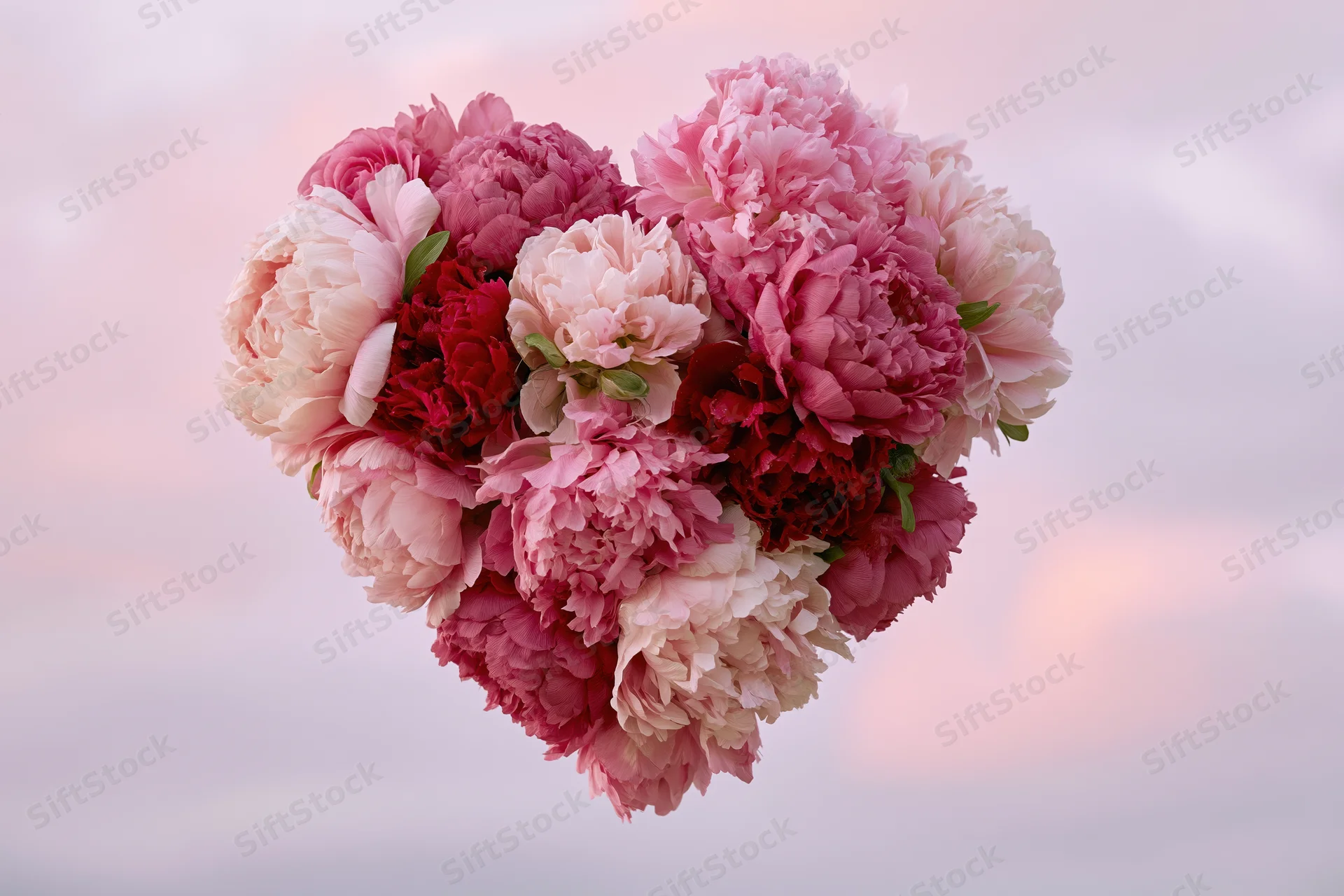 Heart-shaped bouquet of pink and red peonies floating against a soft sky background