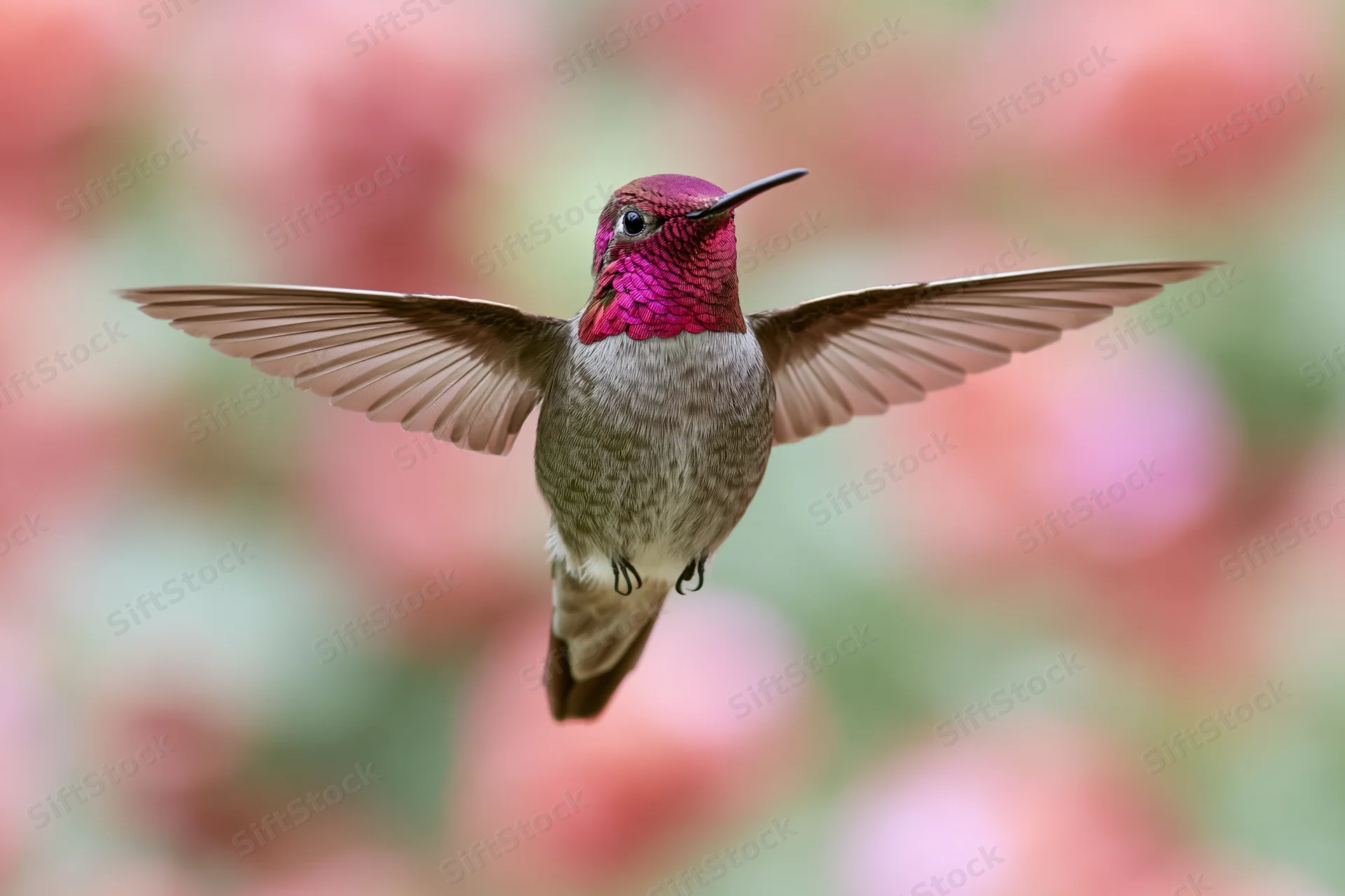 Hummingbird hovering mid-flight with wings fully spread against a soft-focus garden background