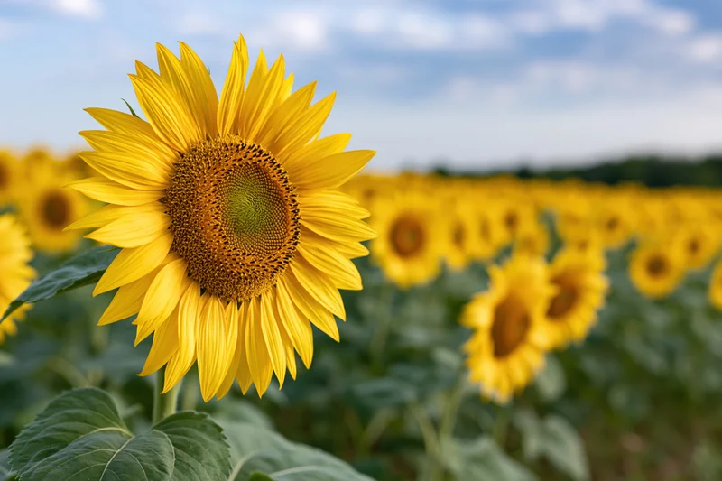 Large sunflower in full bloom in a field under a blue sky