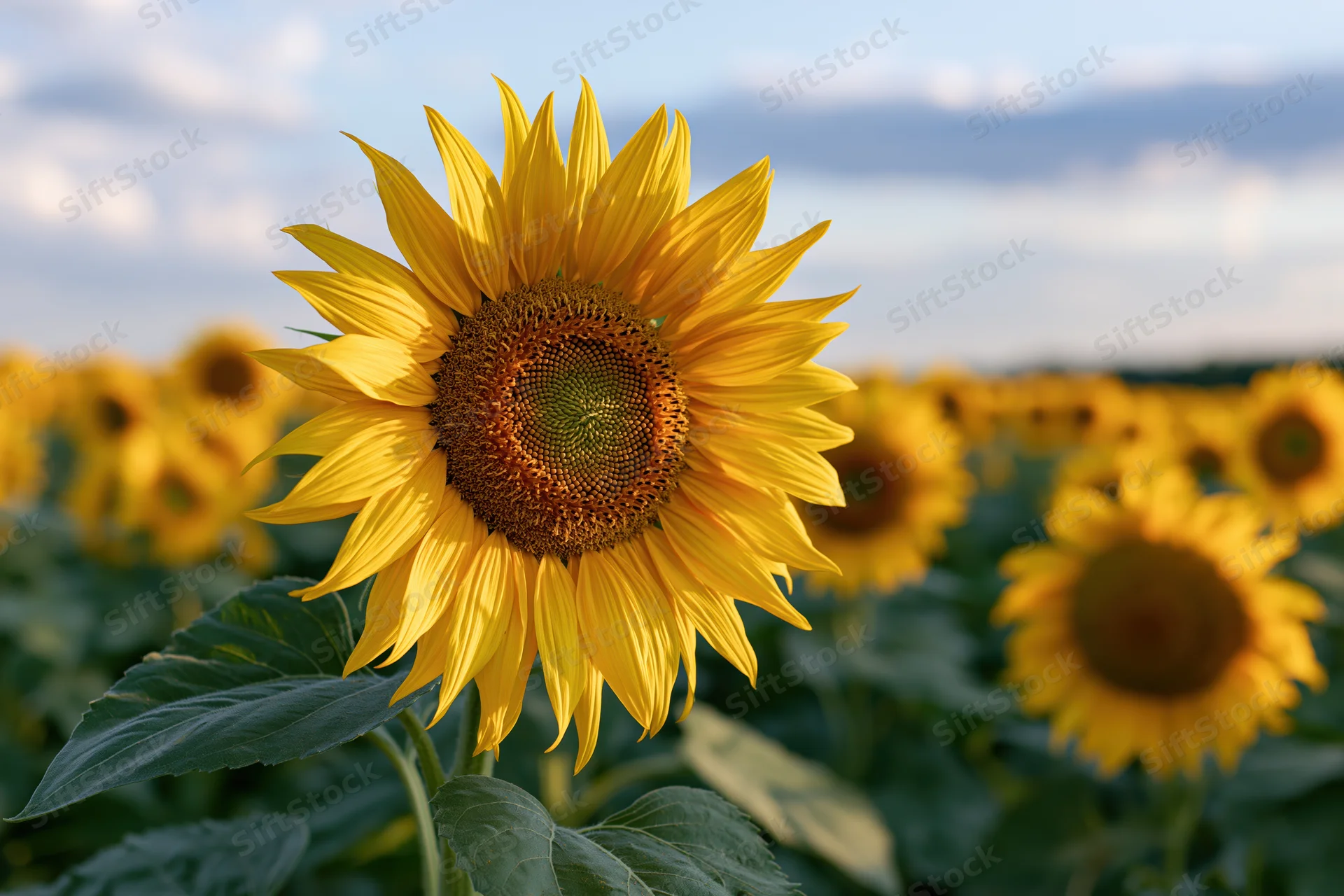 Large sunflower in full bloom in a field under a partly cloudy sky