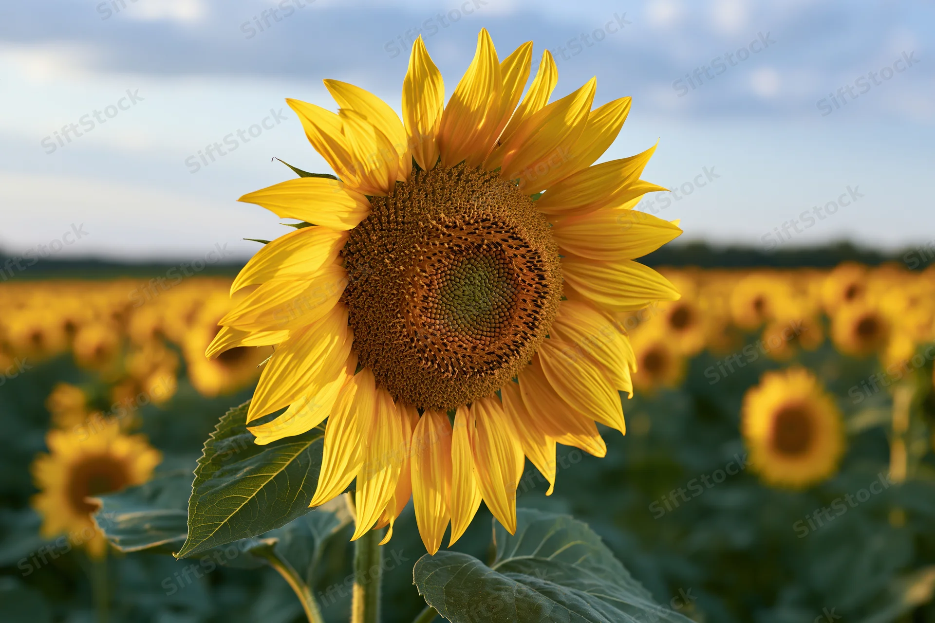 Large sunflower in full bloom in a field under a blue sky