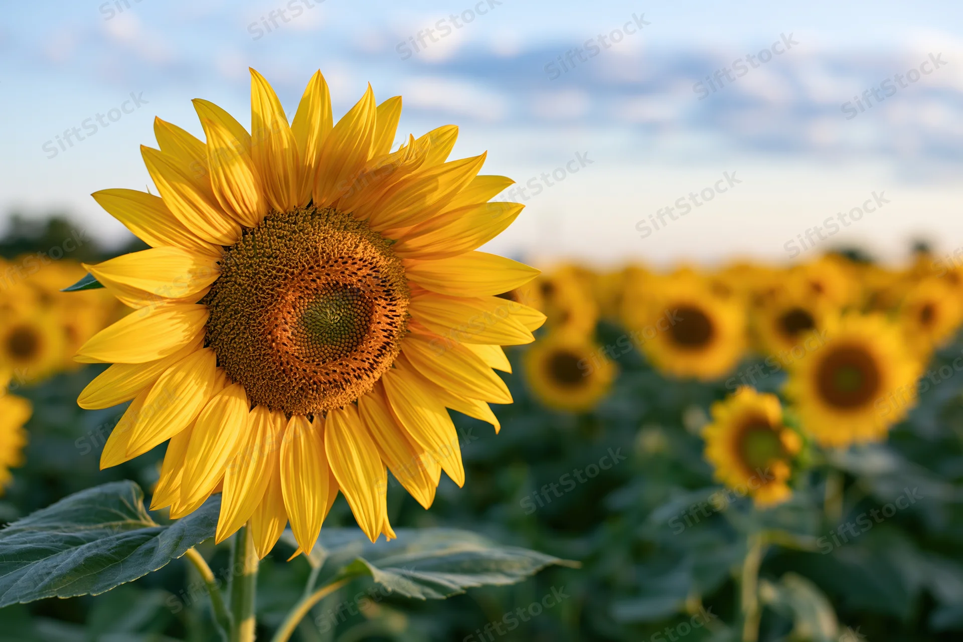 Large sunflower in full bloom in a field under a partly cloudy sky