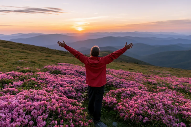 Hiker with arms raised on mountain slope at sunset surrounded by pink flowers