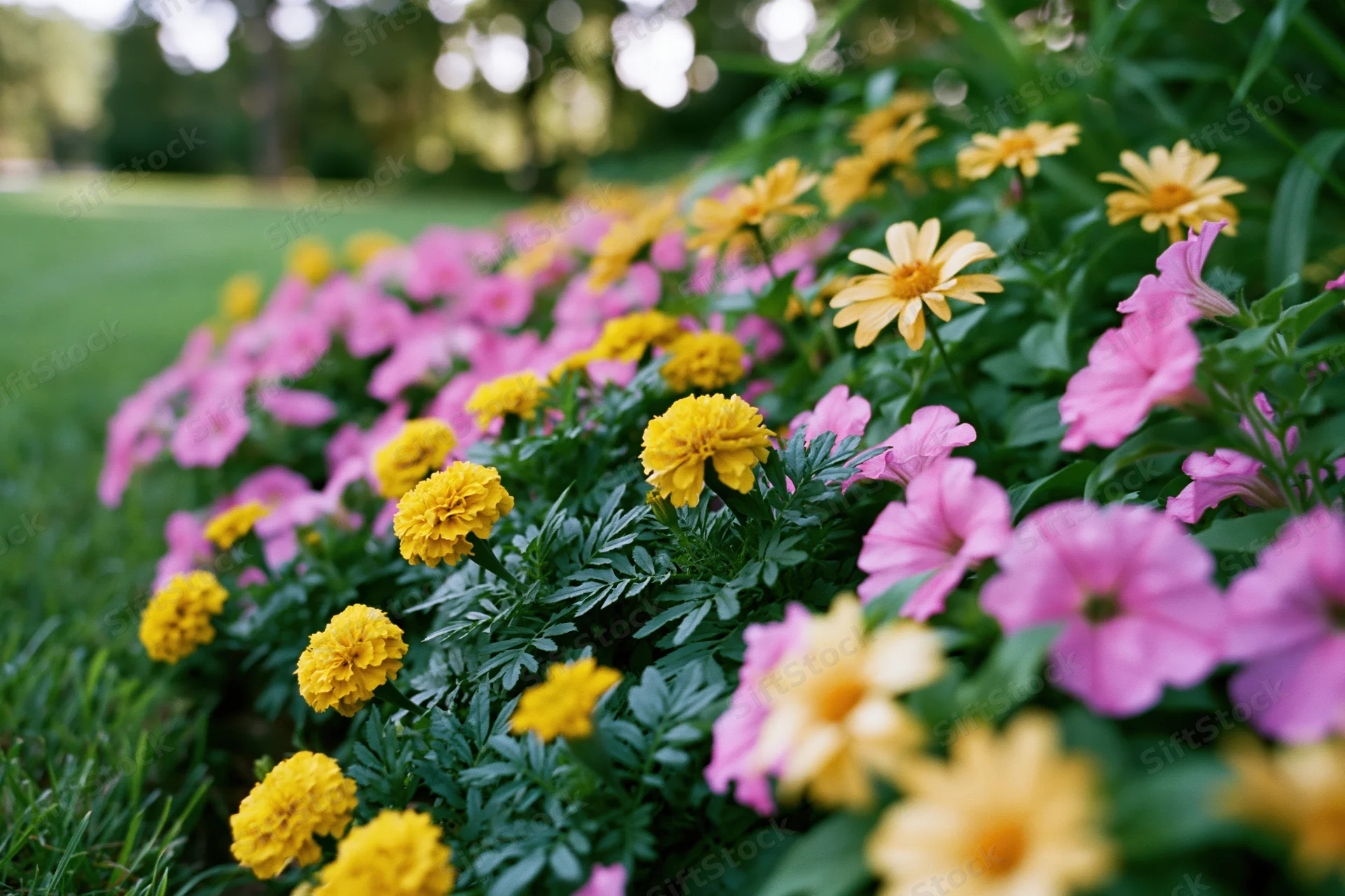 A mixed flower border in full bloom with marigolds, petunias and zinnias along a grassy edge in a garden