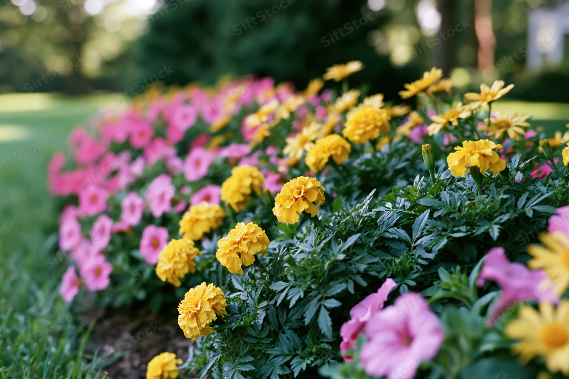 A row of marigolds and petunias in full bloom along a garden border with green foliage and grass in the background