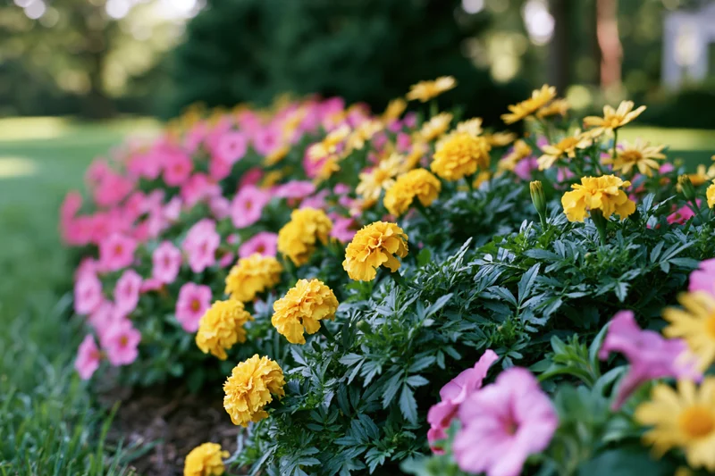 A row of marigolds and petunias in full bloom along a garden border with green foliage and grass in the background