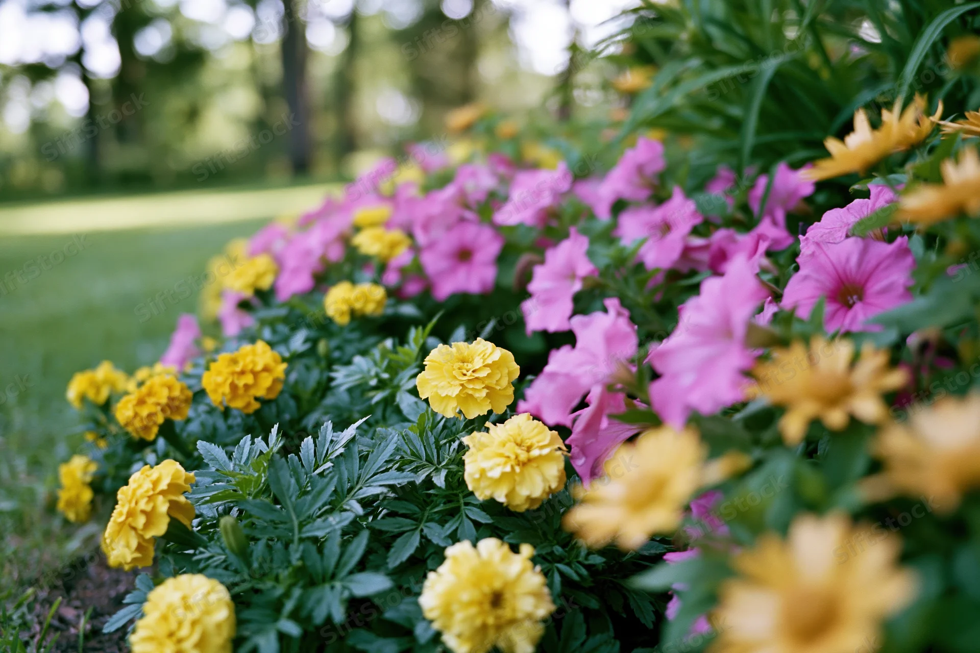 A mixed garden flower border in full summer bloom with yellow marigolds and pink petunias along a green lawn