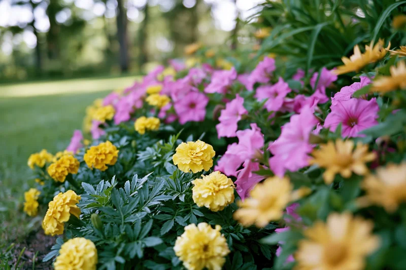 A mixed garden flower border in full summer bloom with yellow marigolds and pink petunias along a green lawn