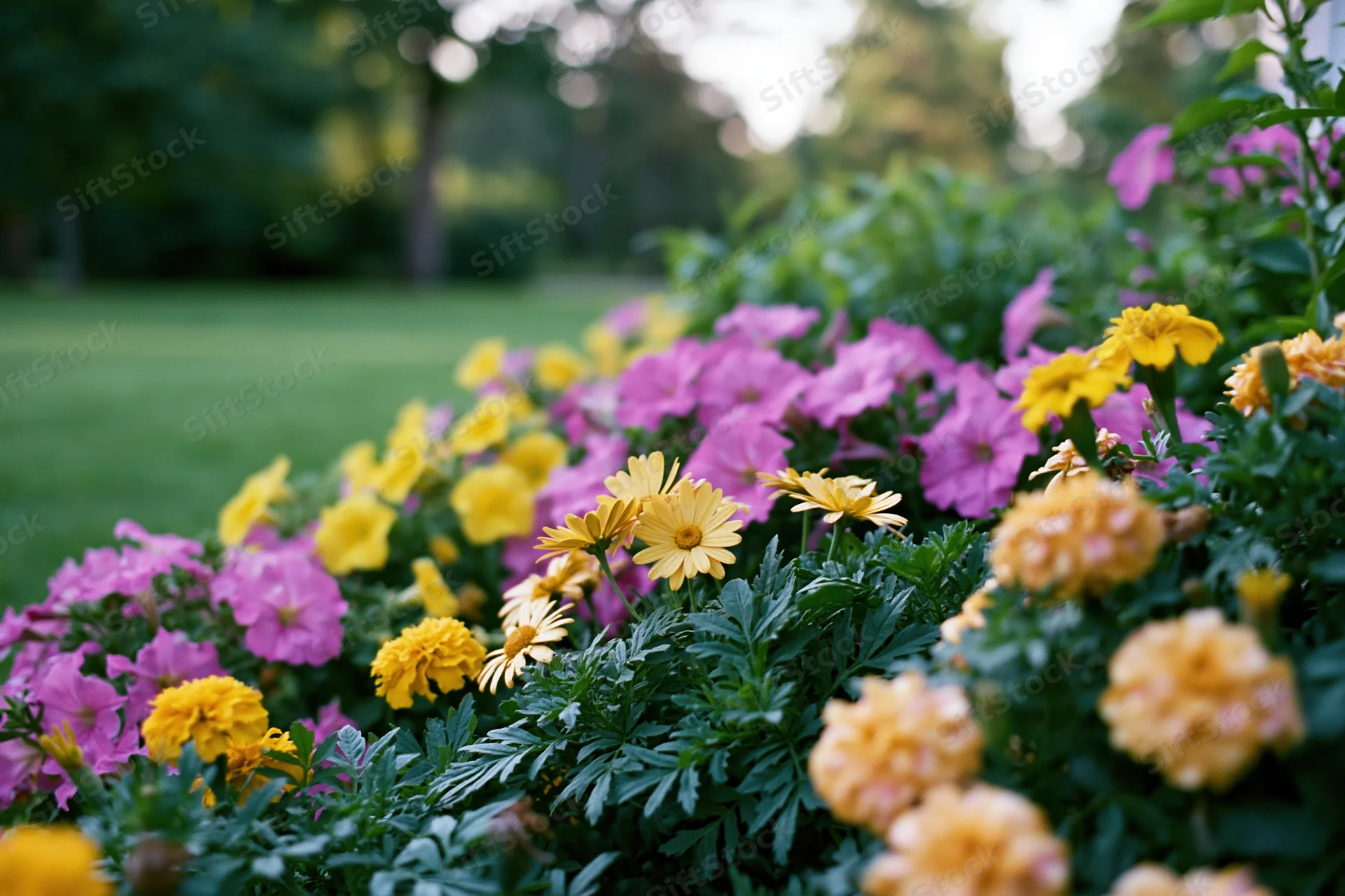 Mixed garden flower border in full summer bloom with yellow pink and orange flowers among green foliage