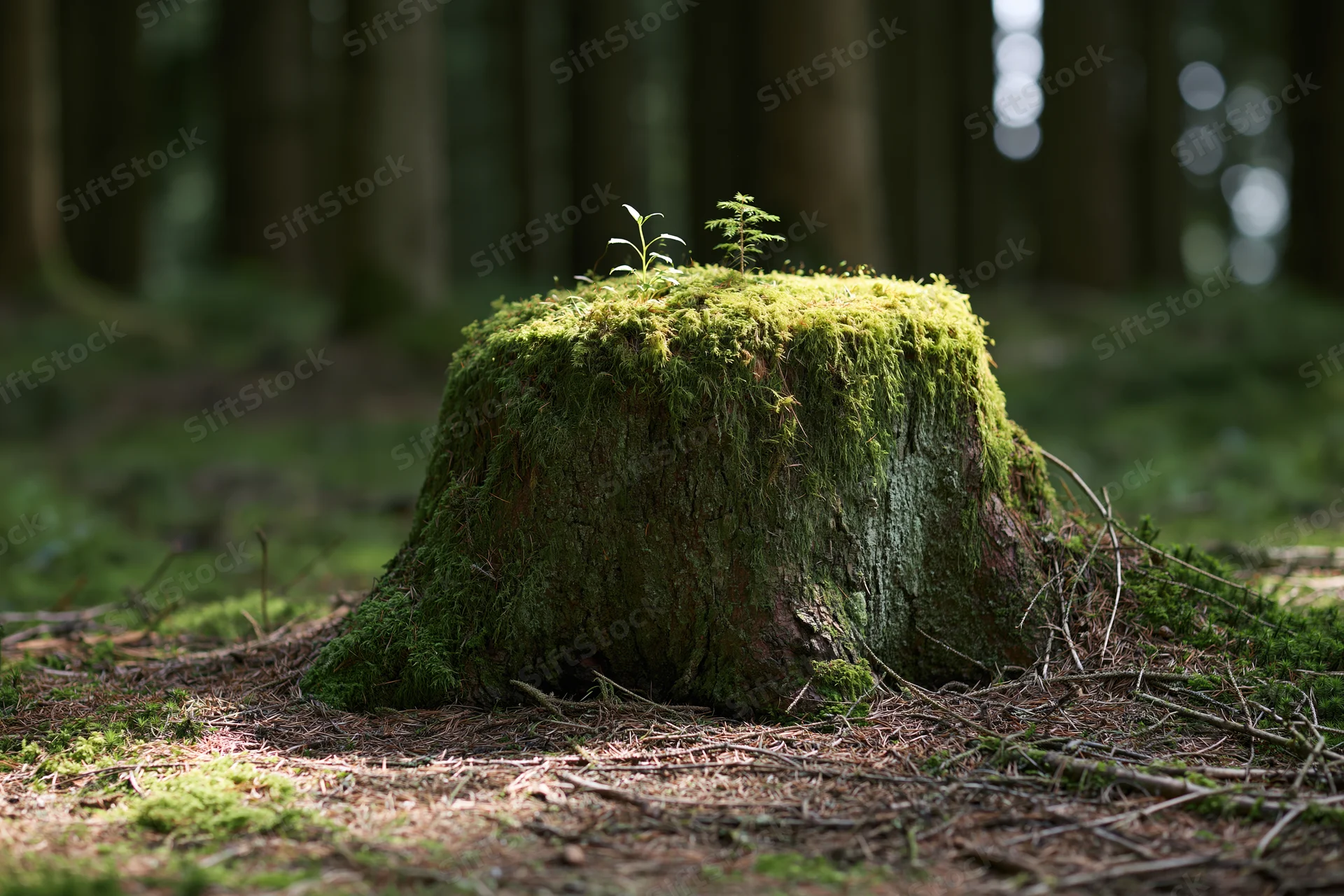 Moss-covered tree stump with small sprouting plants in a forest