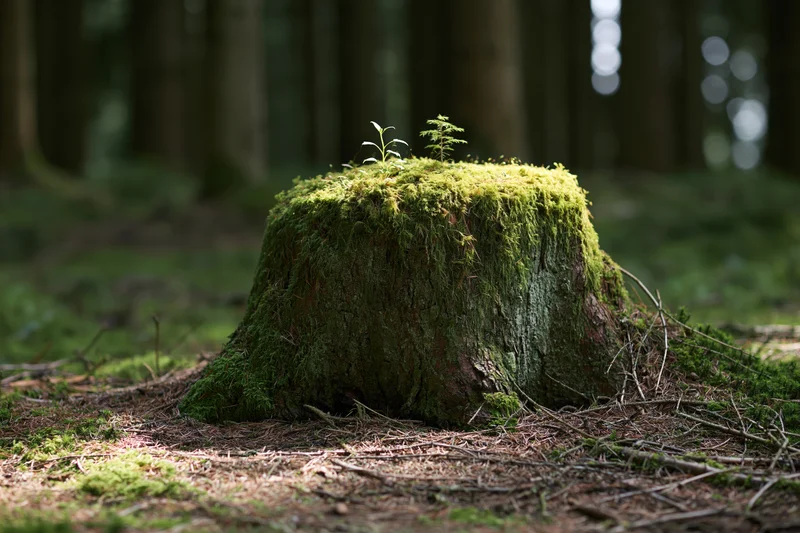 Moss-covered tree stump with small sprouting plants in a forest