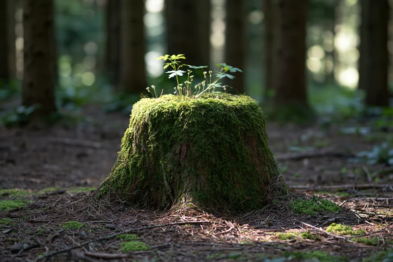 Moss-covered tree stump with small sprouting plants in a forest