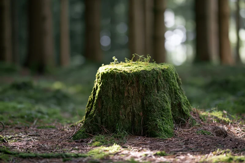 Moss-covered tree stump with small sprouting plants in a forest setting