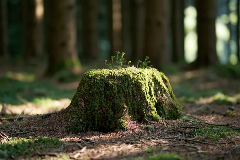 Moss-covered tree stump with small sprouting plants in a forest setting