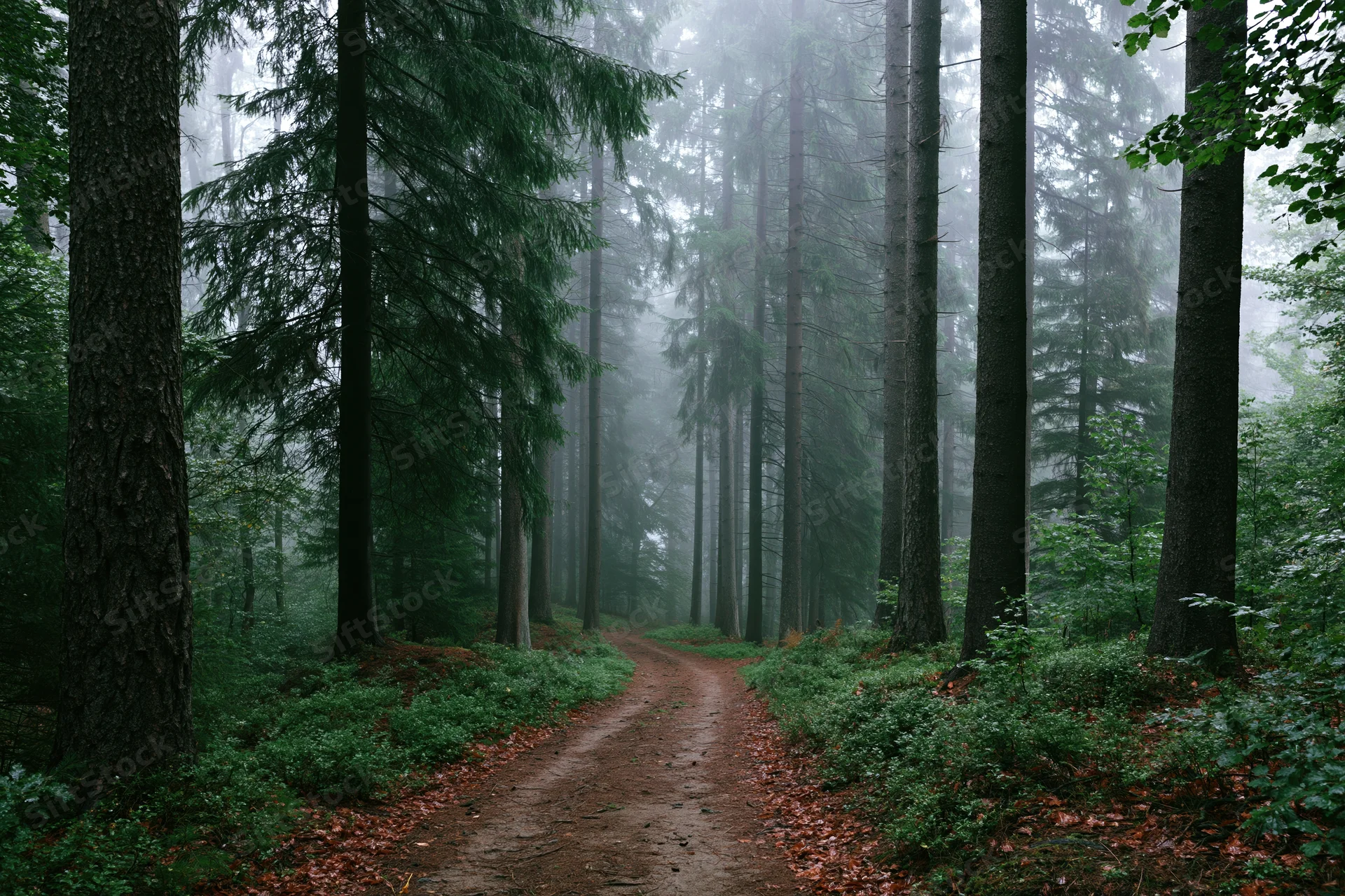 Narrow dirt path winding through misty dense forest with tall conifer trees and green undergrowth