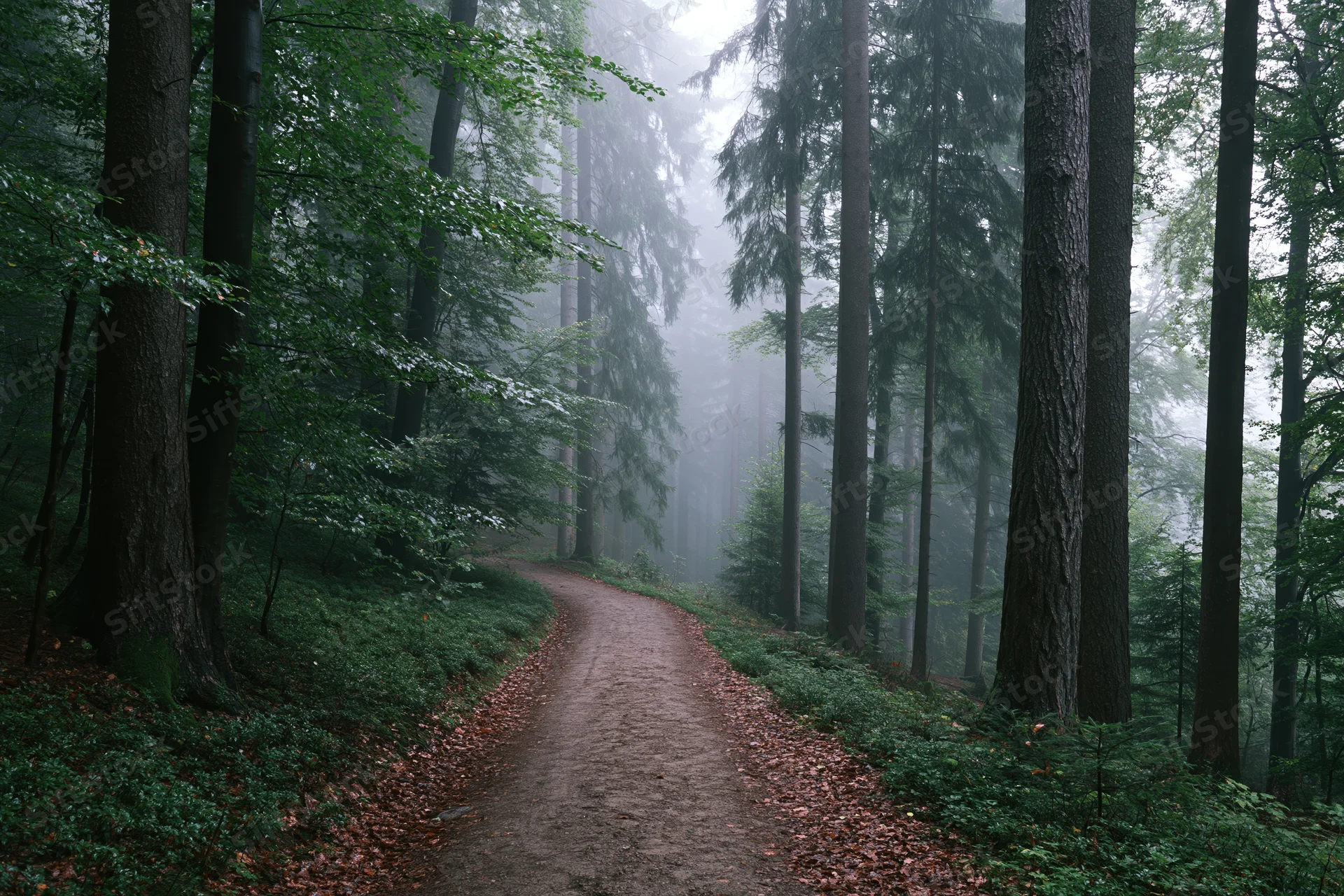 Narrow dirt path winding through foggy temperate forest with tall trees and green undergrowth
