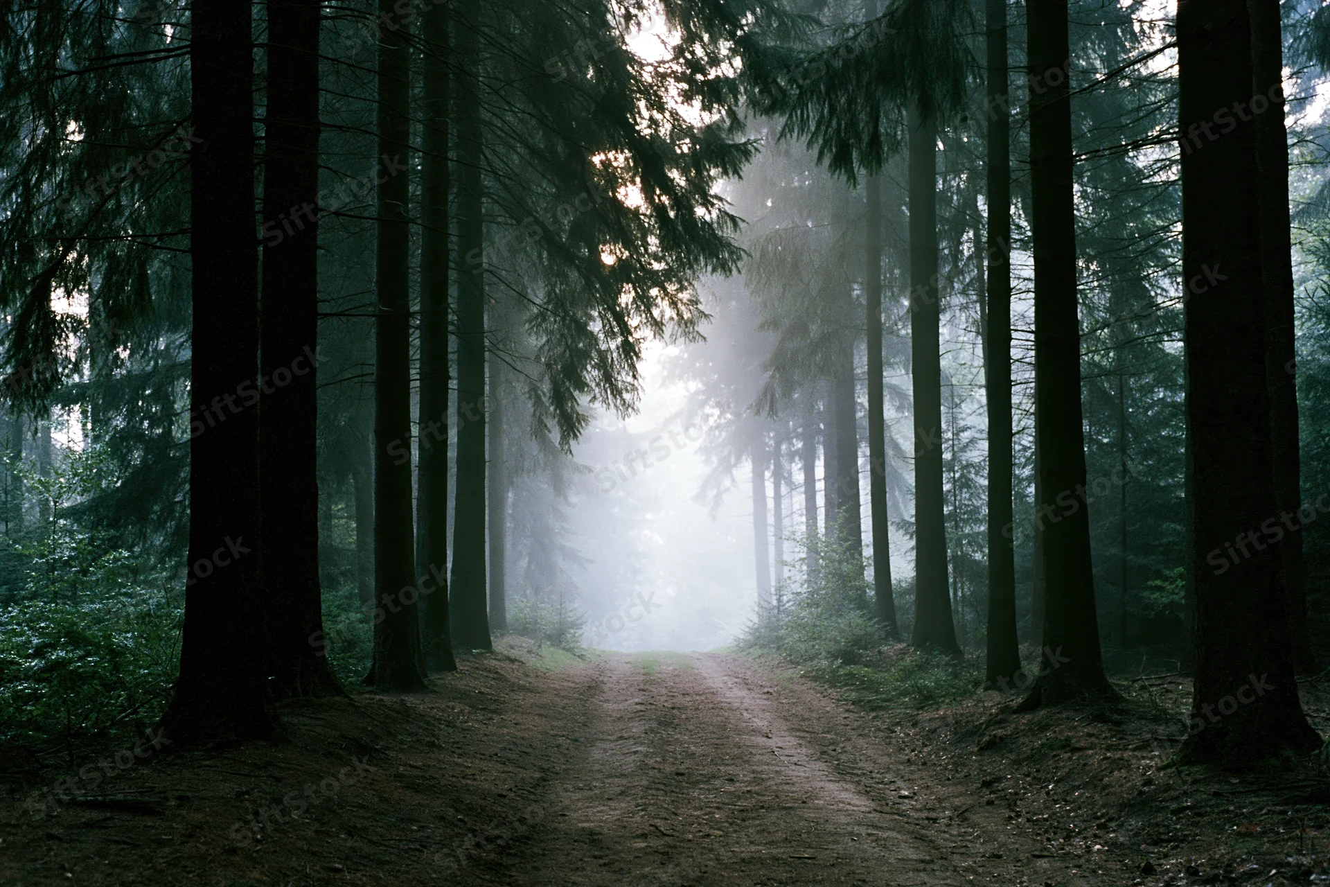 Narrow dirt path winding through misty forest at dawn