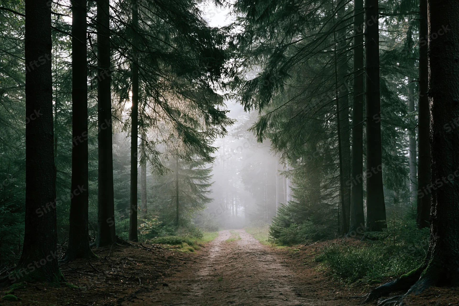 Narrow dirt path winding through misty forest with tall pine trees at morning