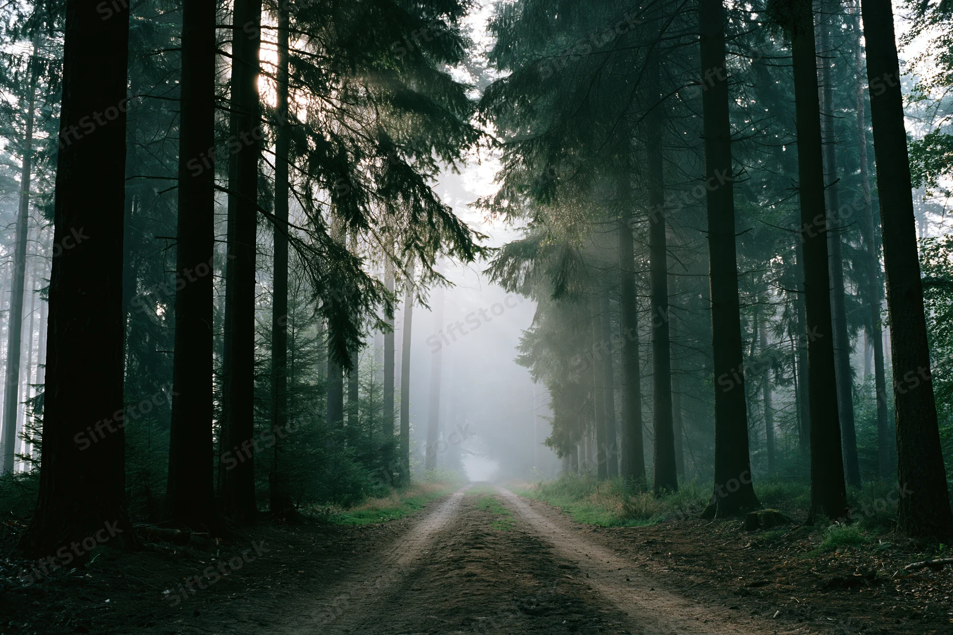 Narrow dirt path winding through misty forest at morning with sunlight filtering through tall trees