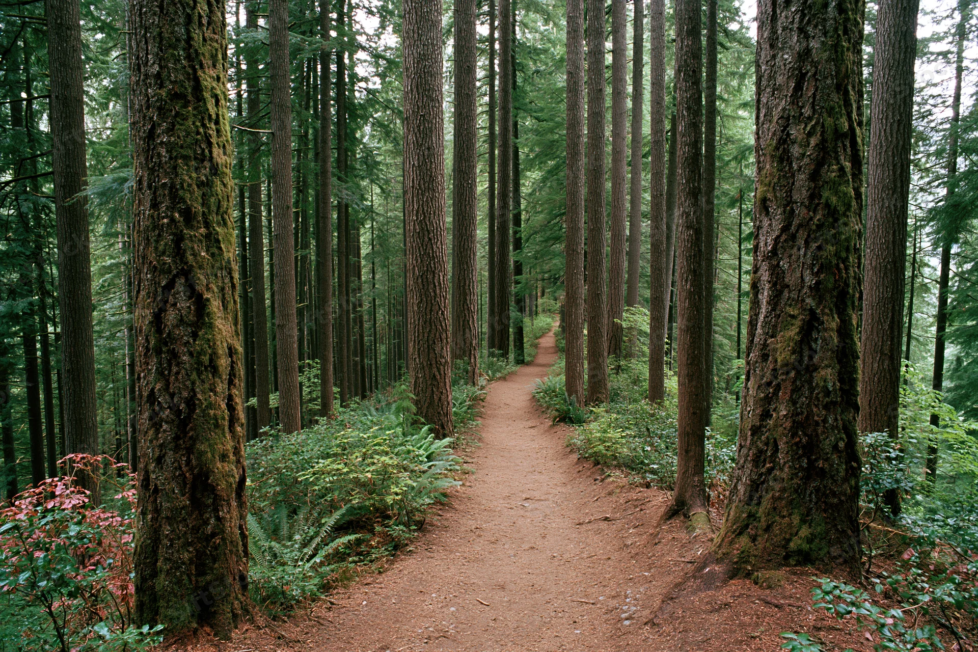 Narrow dirt trail winding through dense forest of tall evergreen trees with moss-covered trunks and ferns along the path