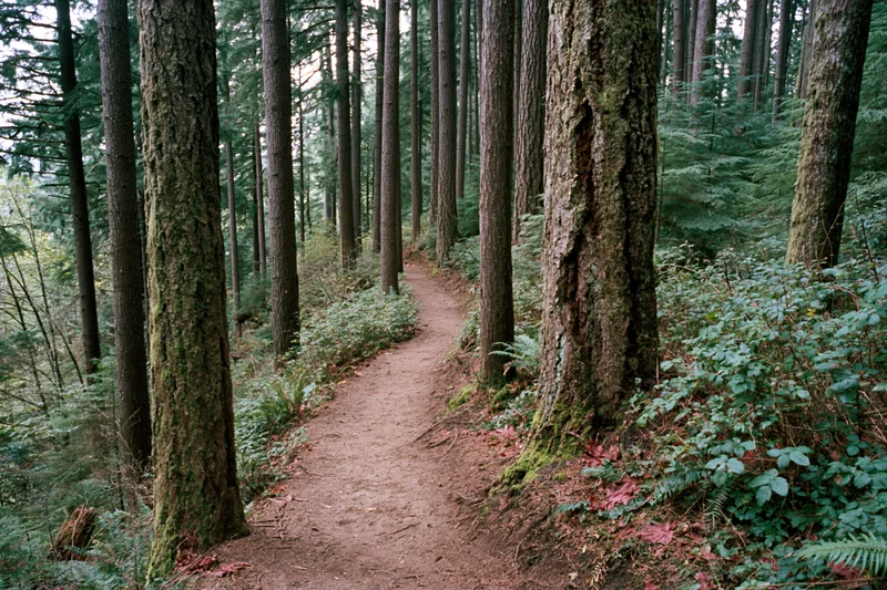 Narrow dirt trail winding through dense forest with moss-covered trees and ferns
