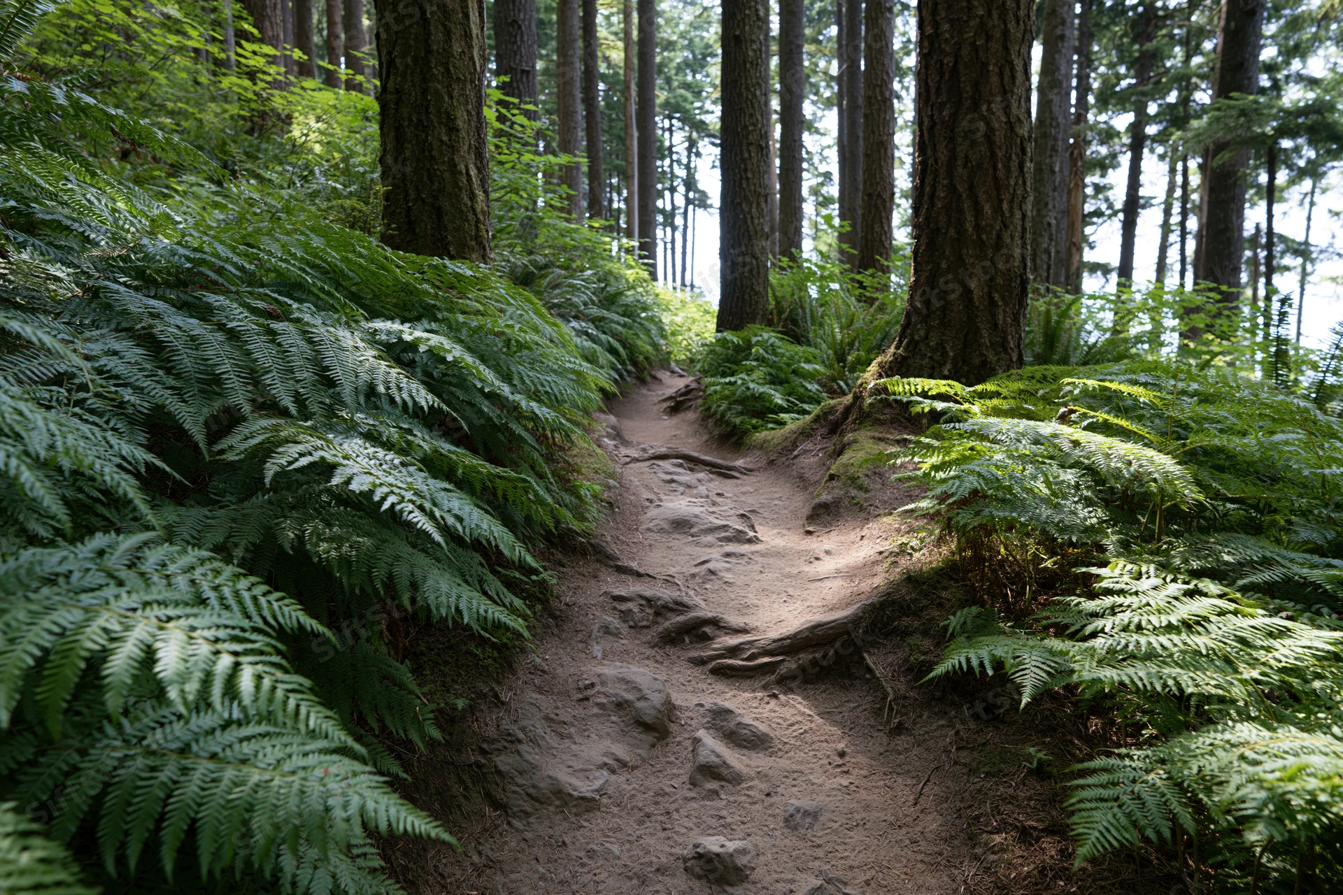 Narrow dirt trail winding through dense forest with ferns and tall pine trees