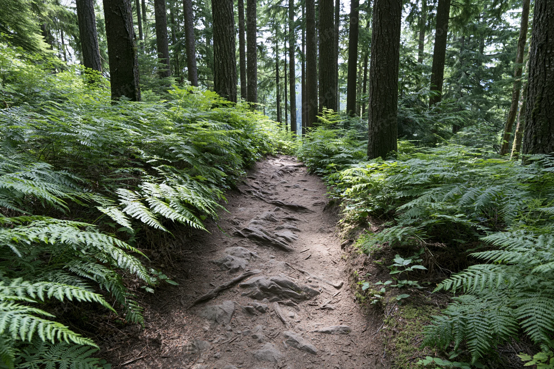 Narrow dirt hiking trail winding through dense pine forest with ferns and trees